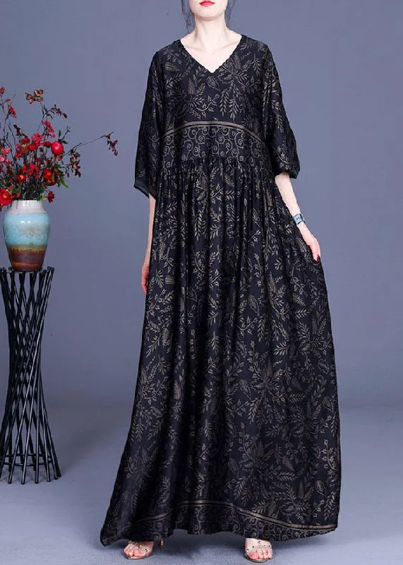 Modern Black Print Silk V Neck Dresses Summer Popular unclassified dresses
