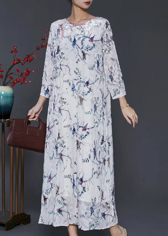 Vintage White Chinese Button Print Silk Velvet Dress Spring Festival unclassified dresses