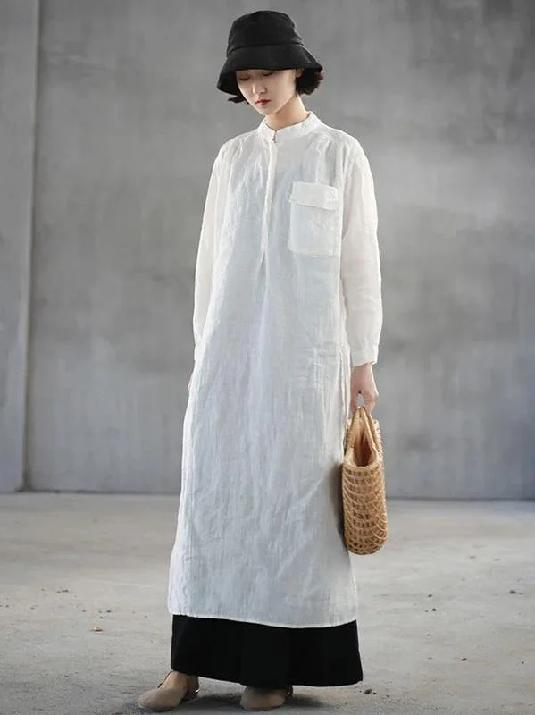 Loose white linen quilting clothes stand collar side open Art Dresses Trendy new unclassified dresses Loose white linen quilting clothes stand collar side open Art Dresses Trendy new unclassified dresses