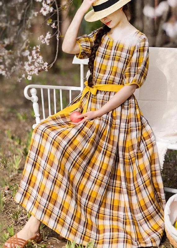 Vintage Yellow Plaid tie waist Mid Summer Linen Dress Long unclassified dresses