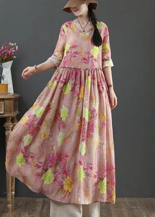 Style Pink Print Pockets Summer Linen Dress Earthy tone unclassified dresses