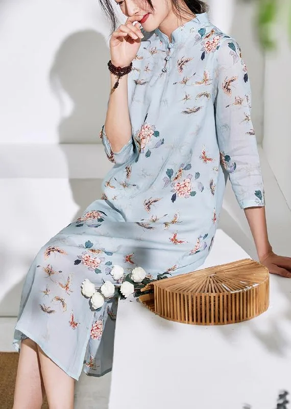 Organic light blue linen clothes stand collar half sleeve loose summer Dress Monochrome unclassified dresses Organic light blue linen clothes stand collar half sleeve loose summer Dress Monochrome unclassified dresses