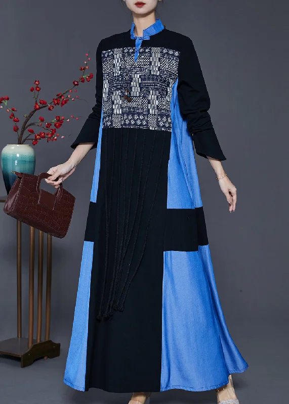 Handmade Black Mandarin Collar Tasseled Patchwork Cotton Dresses Spring Popular unclassified dresses Handmade Black Mandarin Collar Tasseled Patchwork Cotton Dresses Spring Popular unclassified dresses