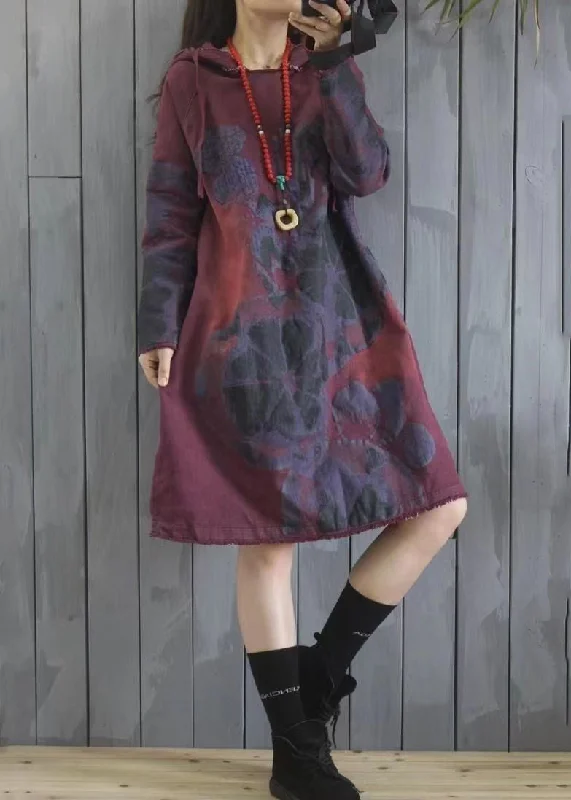 Bohemian Purple Hooded Print Patchwork Cotton Dress Spring Flowy unclassified dresses