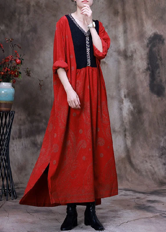 Women Red Asymmetrical Print Velour Robe Dresses Spring Beach unclassified dresses