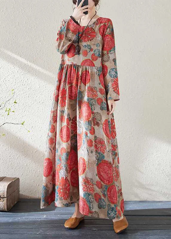 Handmade Red O-Neck Print Wrinkled Holiday Dress Spring Discounted unclassified dresses