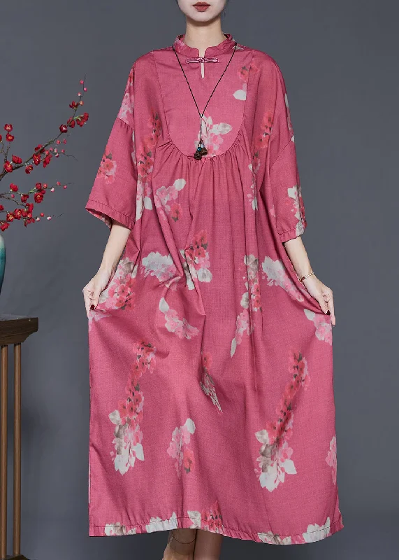 Vintage Red Print Chinese Button Cotton Dresses Spring Wrap unclassified dresses