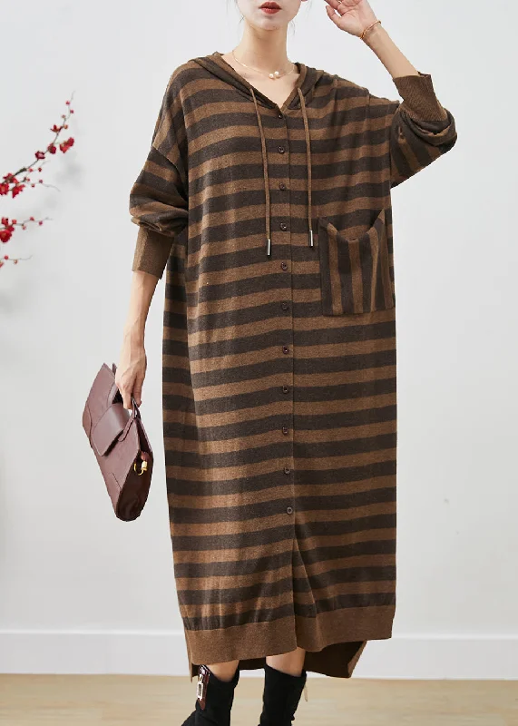 Handmade Brown Oversized Striped Cotton Vacation Dresses Spring Trendy unclassified dresses
