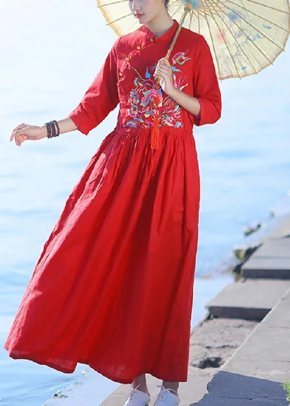 Elegant red embroidery linen Robes v neck drawstring summer Dresses Vacation unclassified dresses