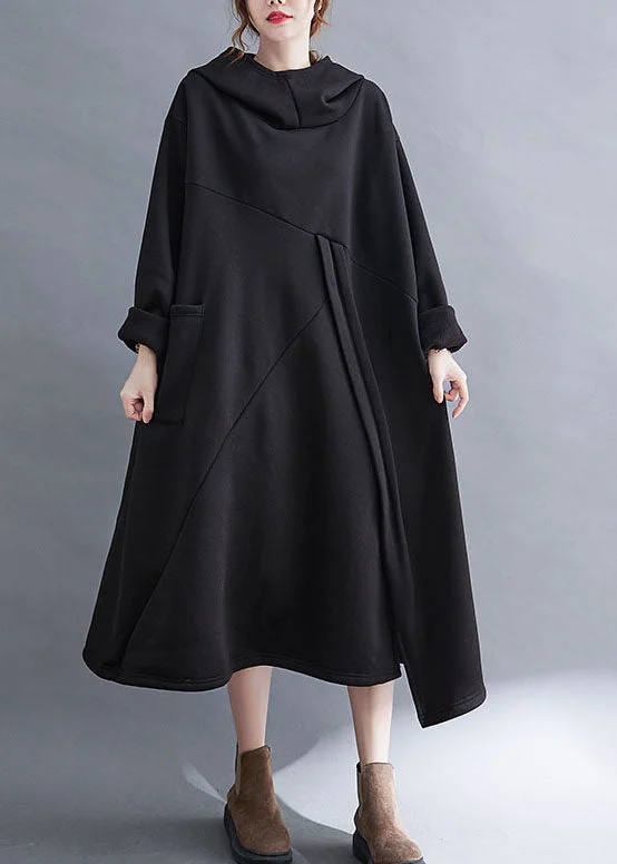 Style Black Patchwork Pockets Warm Fleece Vacation Dresses Winter Boho unclassified dresses