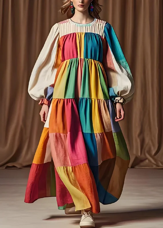 Boutique Colorblock O Neck Patchwork Cotton Dresses Lantern Sleeve Breathable unclassified dresses Boutique Colorblock O Neck Patchwork Cotton Dresses Lantern Sleeve Breathable unclassified dresses