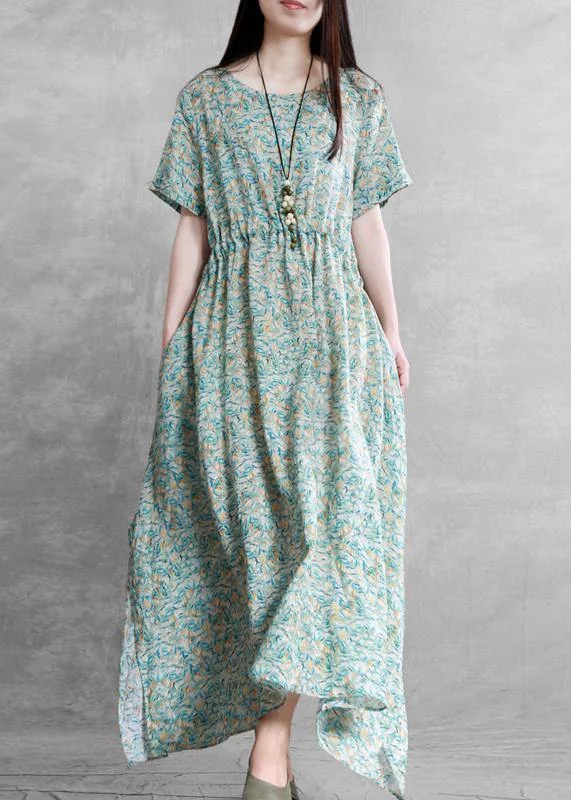 DIY o neck side open summer clothes For Women Outfits green print Dresses Designer unclassified dresses