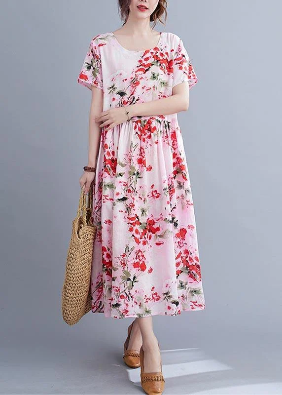 Chic Pink Print Cotton Pockets Summer Dress Cocktail unclassified dresses