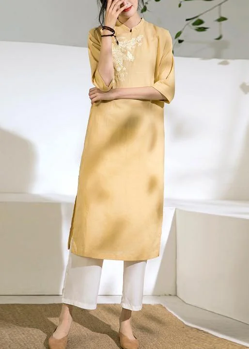 diy yellow linen dress stand collar embroidery shift summer Dress Polka dot unclassified dresses