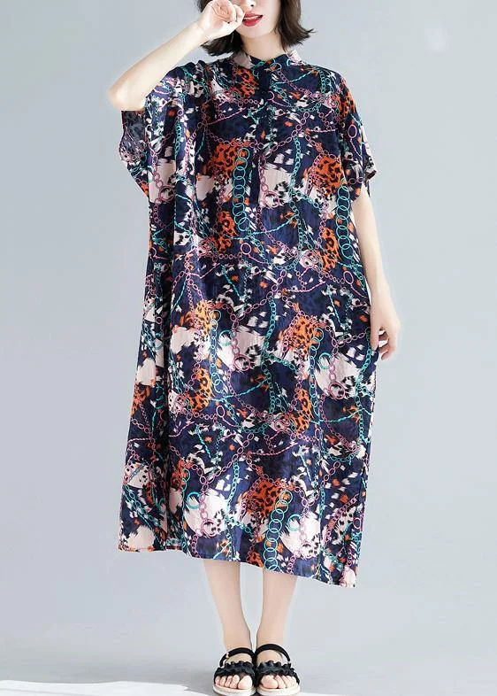 Vivid dark blue print cotton linen outfit stand collar pockets summer Dresses Tiered unclassified dresses Vivid dark blue print cotton linen outfit stand collar pockets summer Dresses Tiered unclassified dresses