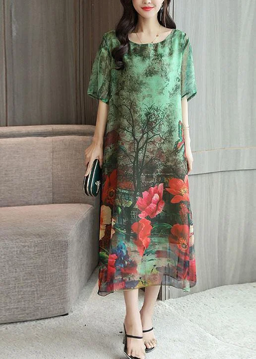 DIY o neck silk Tunics Work Outfits green print loose Dresses summer Soft fabric unclassified dresses