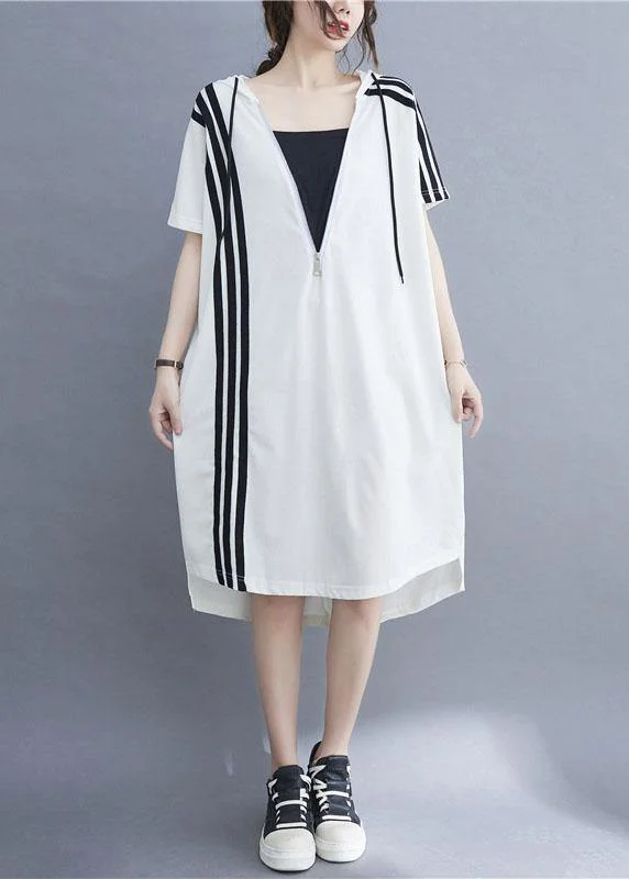 Handmade White hooded zippered Cotton Summer Mid Dress Unique unclassified dresses