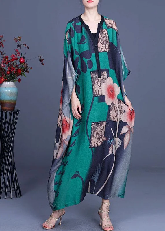 DIY Green Print Button V Neck Chiffon Dress Summer Denim unclassified dresses
