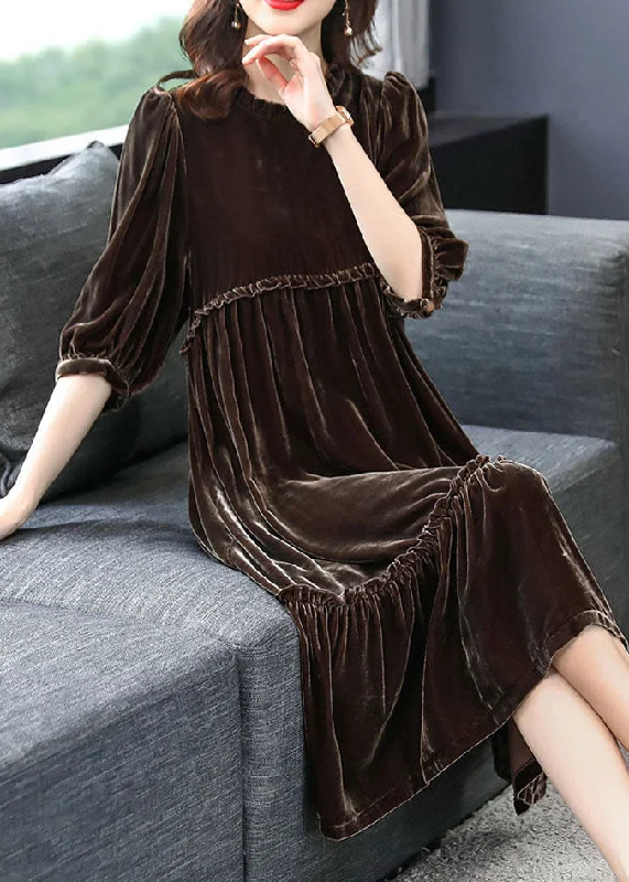 Chocolate Velour Vacation Dresses Ruffled Half Sleeve Elegant unclassified dresses