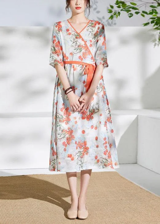 Women red print linen dress v neck tie waist loose Dress Club unclassified dresses