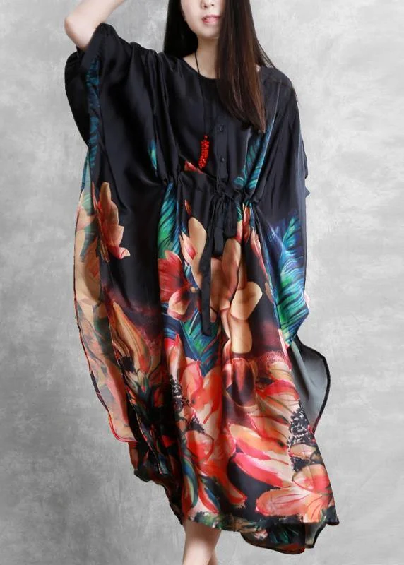 Natural o neck Batwing Sleeve summer dresses black print Dresses Comfortable unclassified dresses