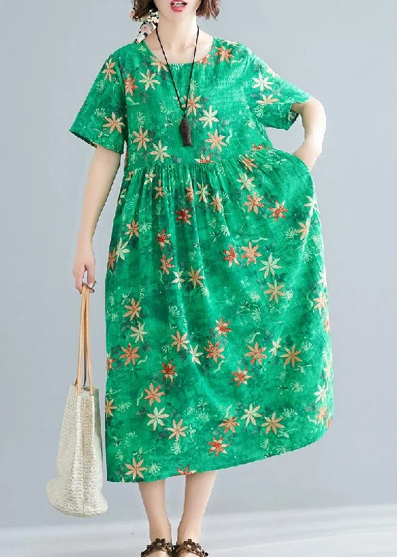 Loose o neck patchwork Cinched cotton dresses Outfits green print Traveling Dresses summer Striped unclassified dresses