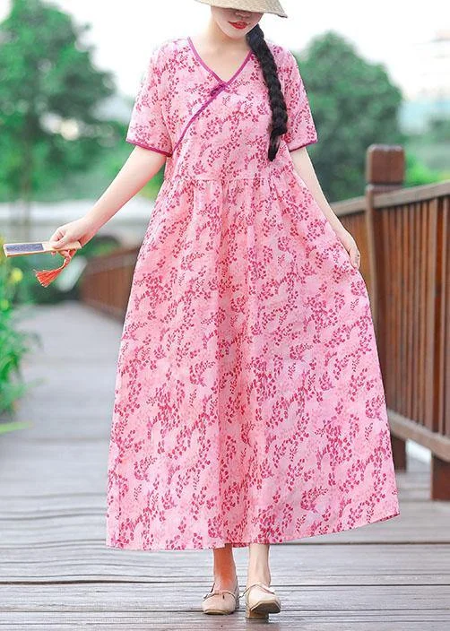 Unique v neck pockets cotton linen quilting clothes linen pink print Dress summer Date night unclassified dresses Unique v neck pockets cotton linen quilting clothes linen pink print Dress summer Date night unclassified dresses