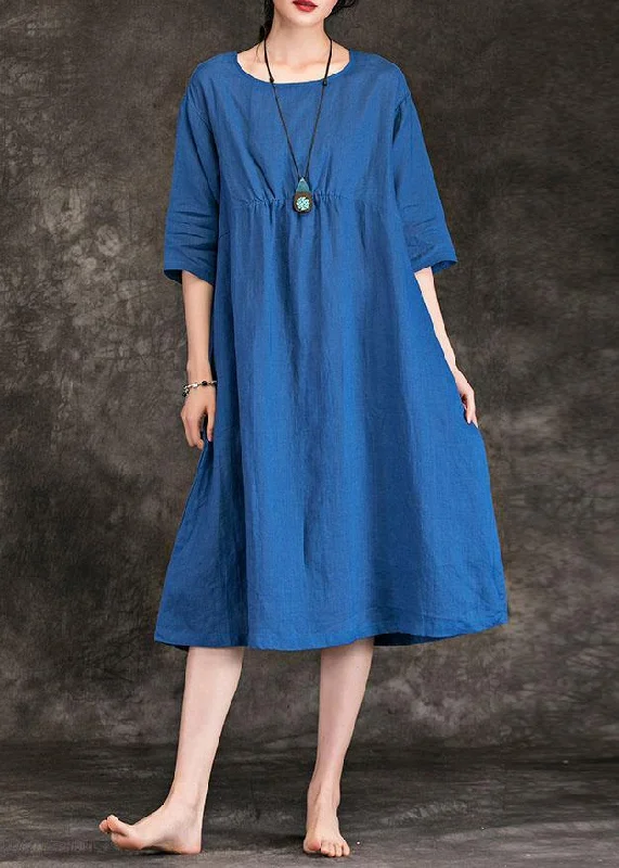 Italian blue linen dress o neck Cinched Three Quarter sleeve summer Dress Formal unclassified dresses