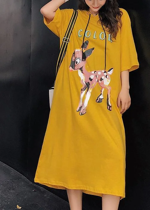 Unique yellow print cotton quilting dresses Indian Shape o neck Half sleeve Kaftan Summer Dress Unique unclassified dresses