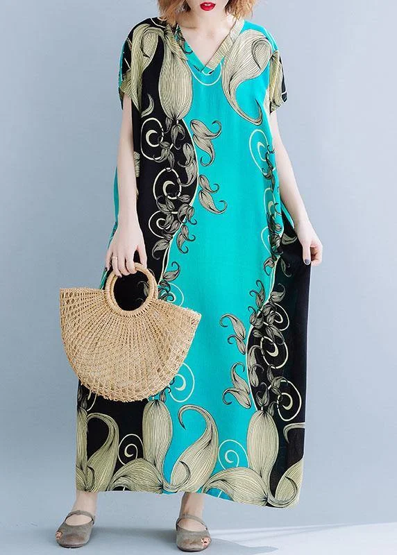 Women v neck cotton summer dresses Catwalk green print cotton robes Dress Beach unclassified dresses