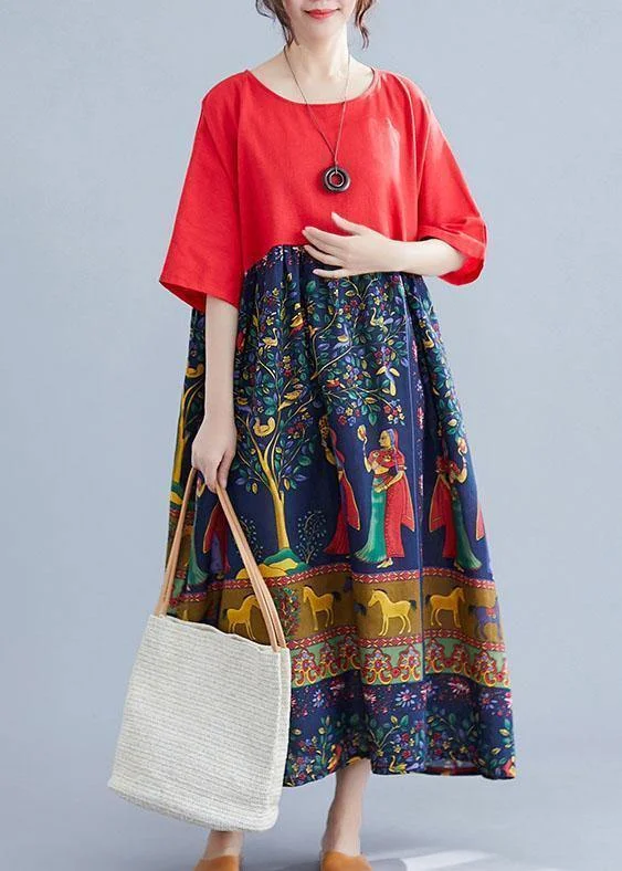 Elegant red patchwork print cotton clothes o neck Robe summer Dresses Discounted unclassified dresses