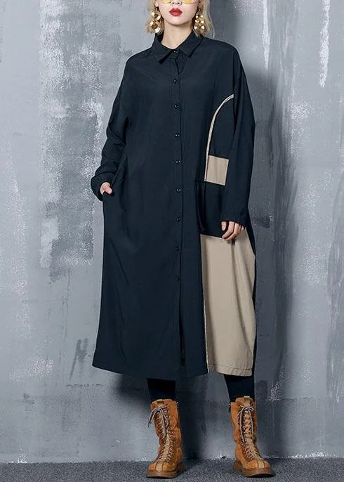 Modern black cotton dresses lapel pockets patchwork Dresses fall Dress High-low unclassified dresses Modern black cotton dresses lapel pockets patchwork Dresses fall Dress High-low unclassified dresses