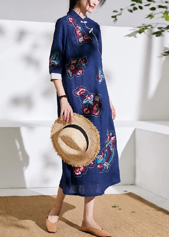 Handmade stand collar embroideried fabric linen summer dresses blue Dresses Formal unclassified dresses