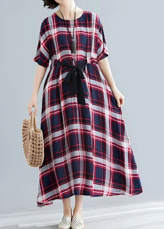 Unique tie waist cotton clothes For Women Shape red plaid cotton Dresses summer Office unclassified dresses Unique tie waist cotton clothes For Women Shape red plaid cotton Dresses summer Office unclassified dresses