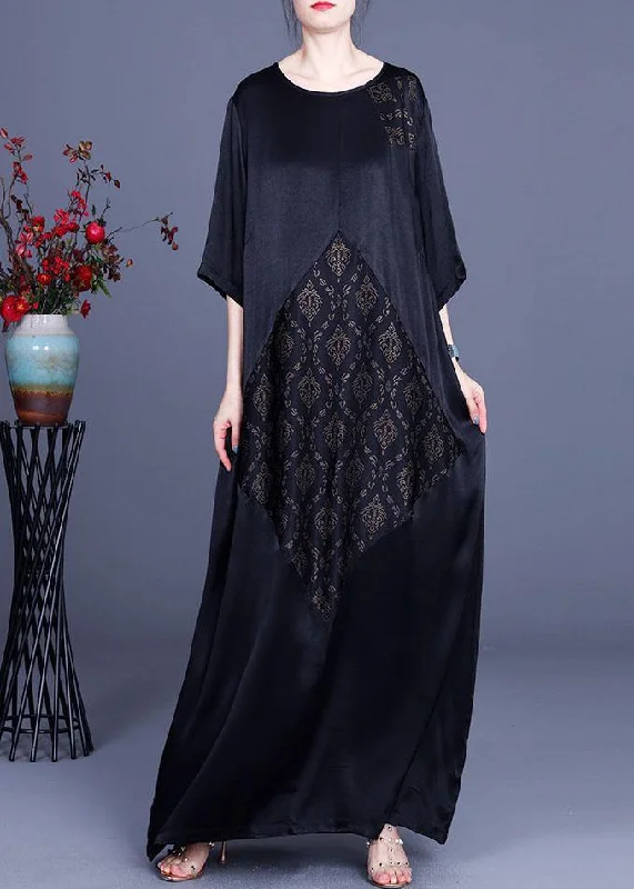 Fine Black Patchwork Print O-Neck Silk Summer Dresses Vacation unclassified dresses