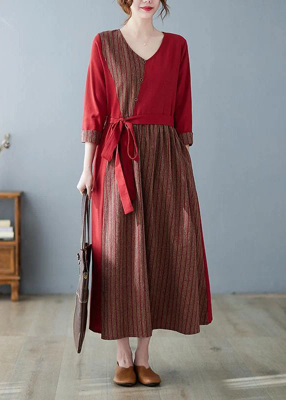 Italian Mulberry V Neck Asymmetrical Patchwork Striped Button Pockets Tie Waist Linen Dress Three Quarter Sleeve Dark color unclassified dresses