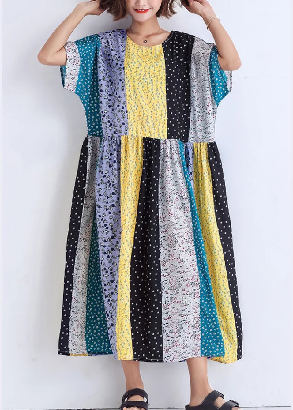 Bohemian patchwork linen cotton Wardrobes boutique Runway multicolor striped Robe Dress Summer Floral unclassified dresses