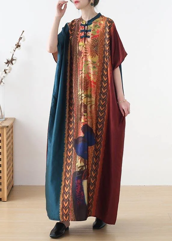 Organic Blue Red Print Oriental Summer Chiffon Dress Sleeveless unclassified dresses