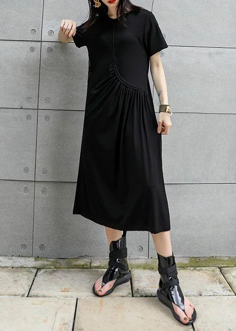 Women black cotton tunic dress hollow out Art summer Dresses Lounge unclassified dresses