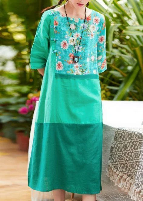 Unique o neck patchwork linen clothes For Women Outfits green print Dress summer Holiday unclassified dresses Unique o neck patchwork linen clothes For Women Outfits green print Dress summer Holiday unclassified dresses