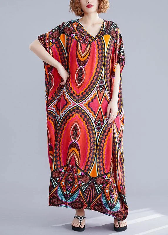 Handmade prints cotton Wardrobes Runway red v neck A Line Dresses summer Sequin unclassified dresses