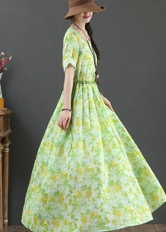 Bohemian Green Print Linen tie waist Summer Dress Neutral tone unclassified dresses