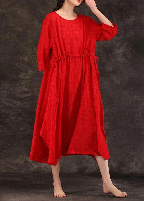 Bohemian red linen clothes For Women o neck drawstring Art summer Dress Flowy unclassified dresses