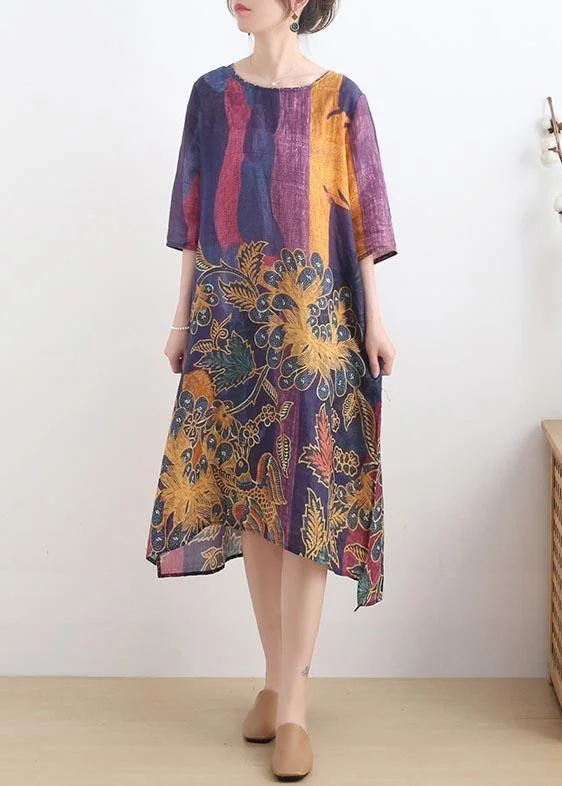 French Purple Print side open Summer Ramie Linen Dress Long sleeve unclassified dresses