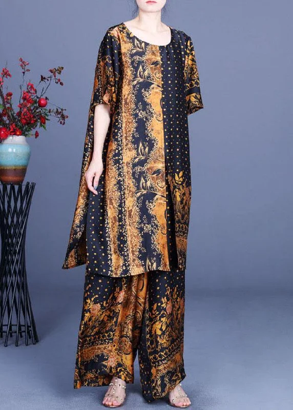 French Black Yellow Print Silk Wide Leg Two Pieces Set High-end unclassified dresses