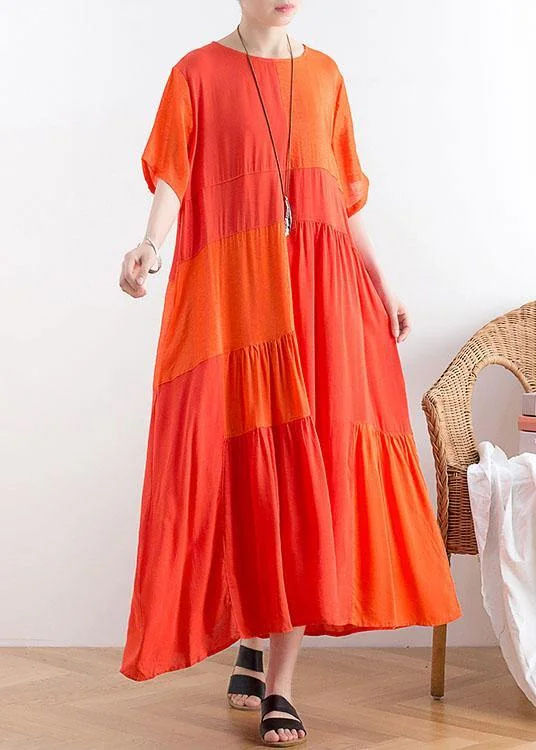 Women Orange Patchwork Cotton Loose Holiday Dress Wrap unclassified dresses