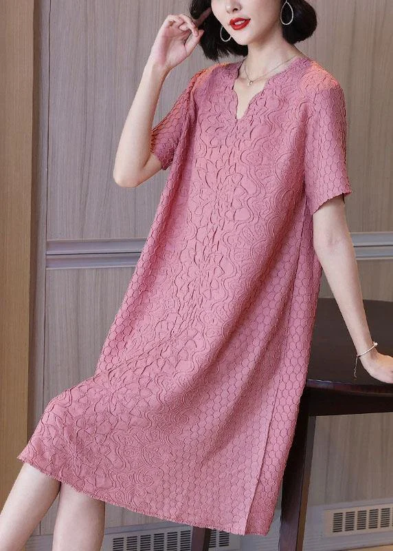 Simple Pink Jacquard V Neck Summer Dress Women's unclassified dresses