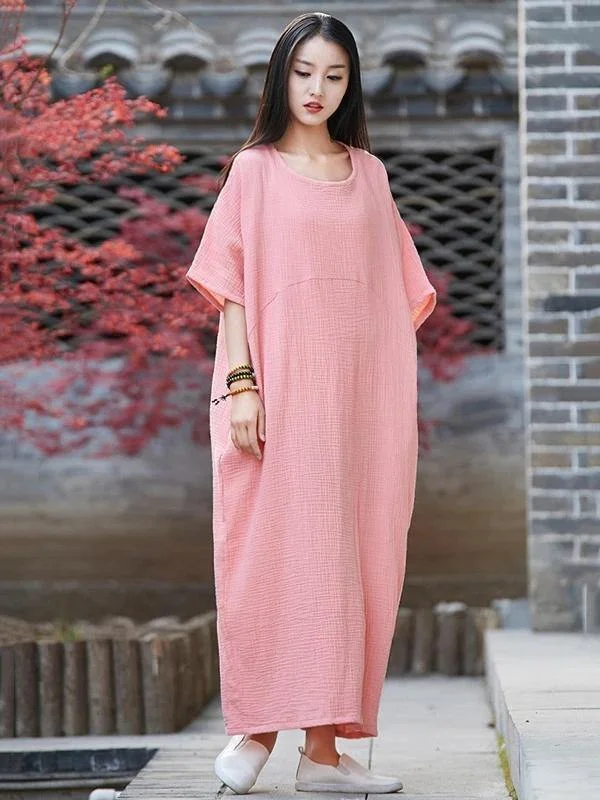Vivid o neck half sleeve cotton linen quilting clothes Neckline pink Dress Travel unclassified dresses Vivid o neck half sleeve cotton linen quilting clothes Neckline pink Dress Travel unclassified dresses