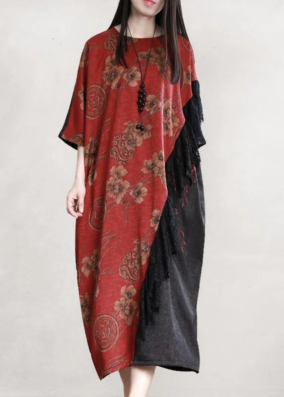 Handmade burgundy clothes o neck patchwork loose Dress Ruched unclassified dresses