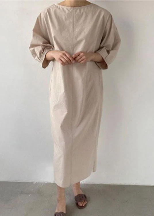 French Khaki side open Cotton Dress Half Sleeve Bold pattern unclassified dresses